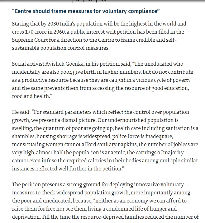 Population Growth Control Petition News Coverage - The Hindu
